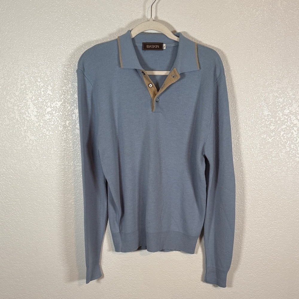 Baskin Vintage Union Tag Blue & Tan Polo Collar Sweater Size Large